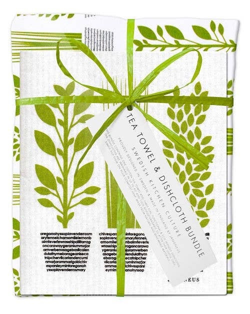 Swedish Dishcloth & Tea Towel Bundle - Herbs - Green